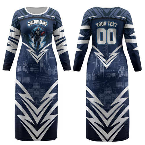 Personalised Carlton Blues Football Couples Matching Long Sleeve Bodycon Dress and Hawaiian Shirt Superhero Comic Art Dark Geometric City