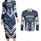 Personalised Carlton Blues Football Couples Matching Long Sleeve Bodycon Dress and Long Sleeve Button Shirt Superhero Comic Art Dark Geometric City