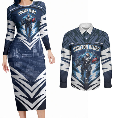 Personalised Carlton Blues Football Couples Matching Long Sleeve Bodycon Dress and Long Sleeve Button Shirt Superhero Comic Art Dark Geometric City