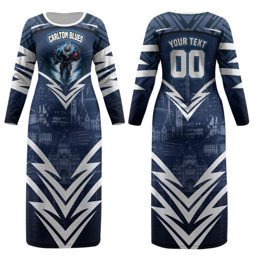 Personalised Carlton Blues Football Couples Matching Long Sleeve Bodycon Dress and Long Sleeve Button Shirt Superhero Comic Art Dark Geometric City