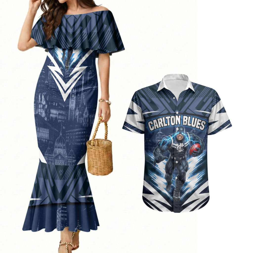 Personalised Carlton Blues Football Couples Matching Mermaid Dress and Hawaiian Shirt Superhero Comic Art Dark Geometric City