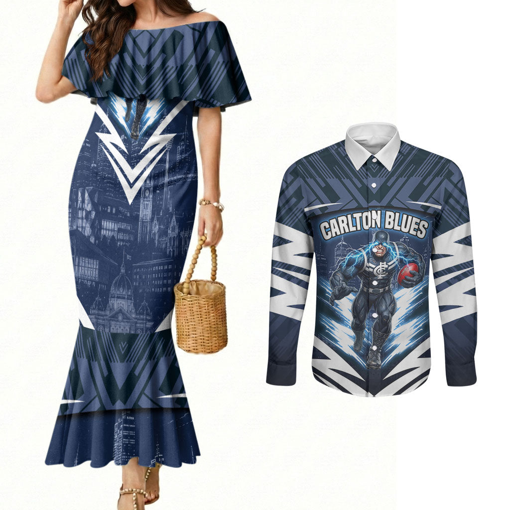Personalised Carlton Blues Football Couples Matching Mermaid Dress and Long Sleeve Button Shirt Superhero Comic Art Dark Geometric City