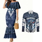 Personalised Carlton Blues Football Couples Matching Mermaid Dress and Long Sleeve Button Shirt Superhero Comic Art Dark Geometric City