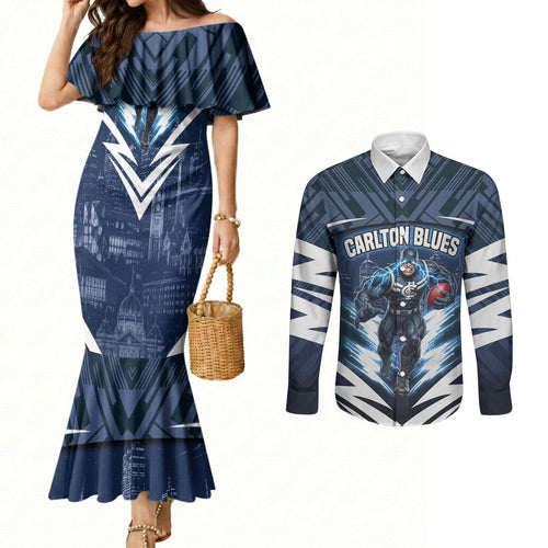 Personalised Carlton Blues Football Couples Matching Mermaid Dress and Long Sleeve Button Shirt Superhero Comic Art Dark Geometric City