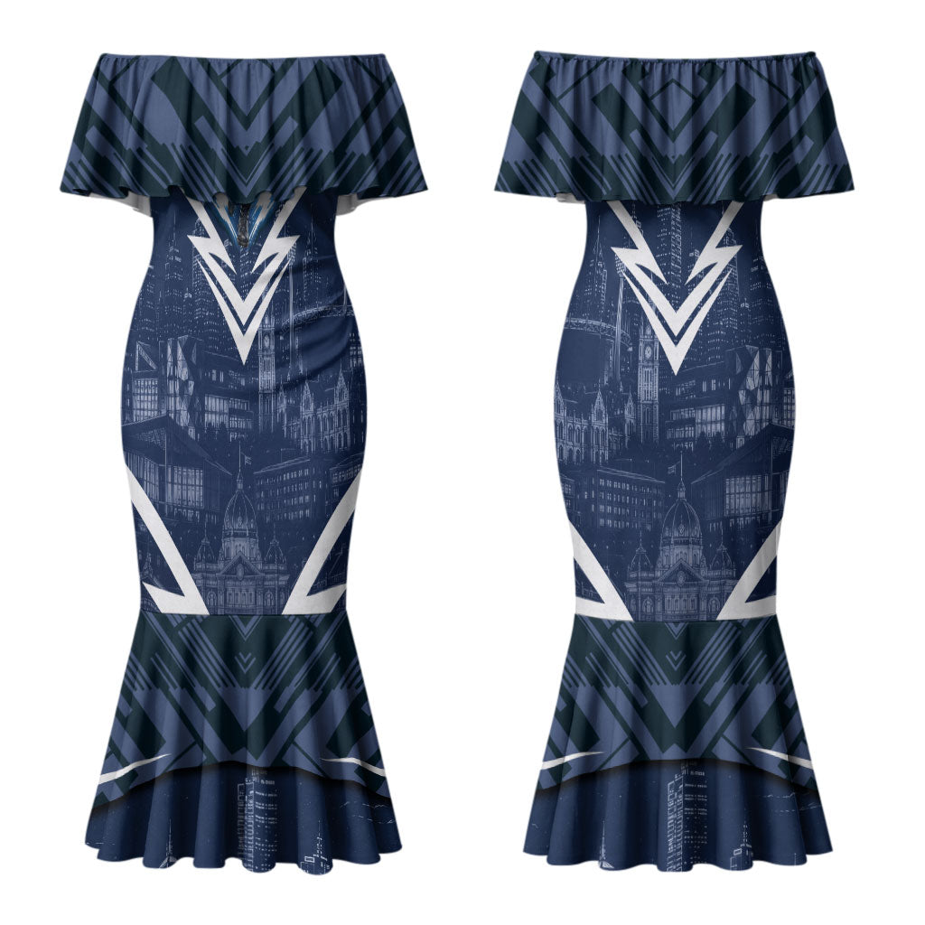 Personalised Carlton Blues Football Couples Matching Mermaid Dress and Long Sleeve Button Shirt Superhero Comic Art Dark Geometric City