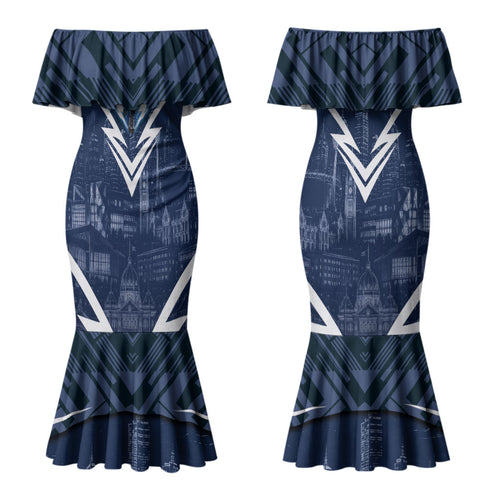 Personalised Carlton Blues Football Couples Matching Mermaid Dress and Long Sleeve Button Shirt Superhero Comic Art Dark Geometric City