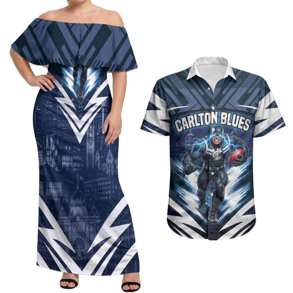Personalised Carlton Blues Football Couples Matching Off Shoulder Maxi Dress and Hawaiian Shirt Superhero Comic Art Dark Geometric City