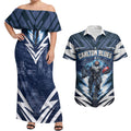 Personalised Carlton Blues Football Couples Matching Off Shoulder Maxi Dress and Hawaiian Shirt Superhero Comic Art Dark Geometric City