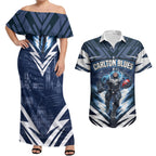 Personalised Carlton Blues Football Couples Matching Off Shoulder Maxi Dress and Hawaiian Shirt Superhero Comic Art Dark Geometric City