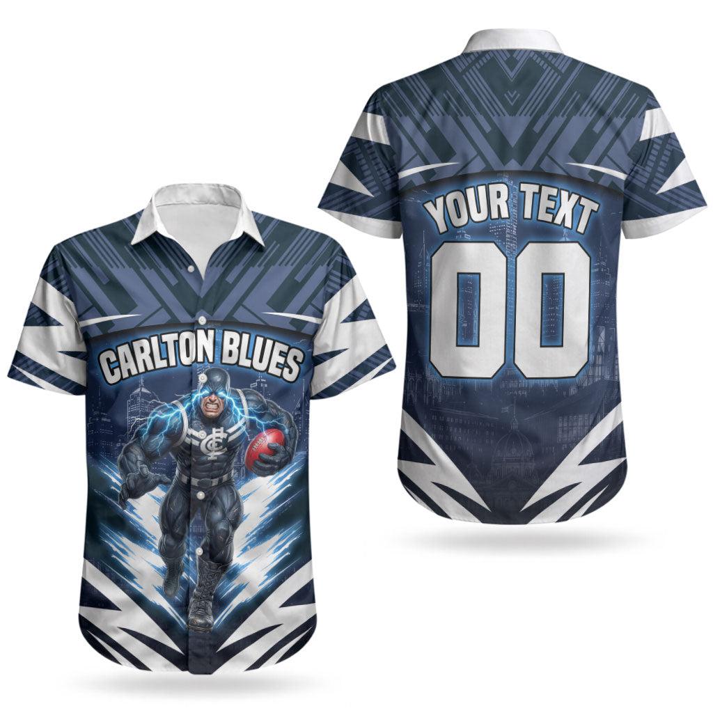 Personalised Carlton Blues Football Couples Matching Off Shoulder Maxi Dress and Hawaiian Shirt Superhero Comic Art Dark Geometric City