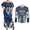 Personalised Carlton Blues Football Couples Matching Off Shoulder Maxi Dress and Long Sleeve Button Shirt Superhero Comic Art Dark Geometric City