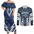 Personalised Carlton Blues Football Couples Matching Off Shoulder Maxi Dress and Long Sleeve Button Shirt Superhero Comic Art Dark Geometric City