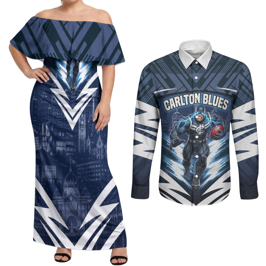 Personalised Carlton Blues Football Couples Matching Off Shoulder Maxi Dress and Long Sleeve Button Shirt Superhero Comic Art Dark Geometric City