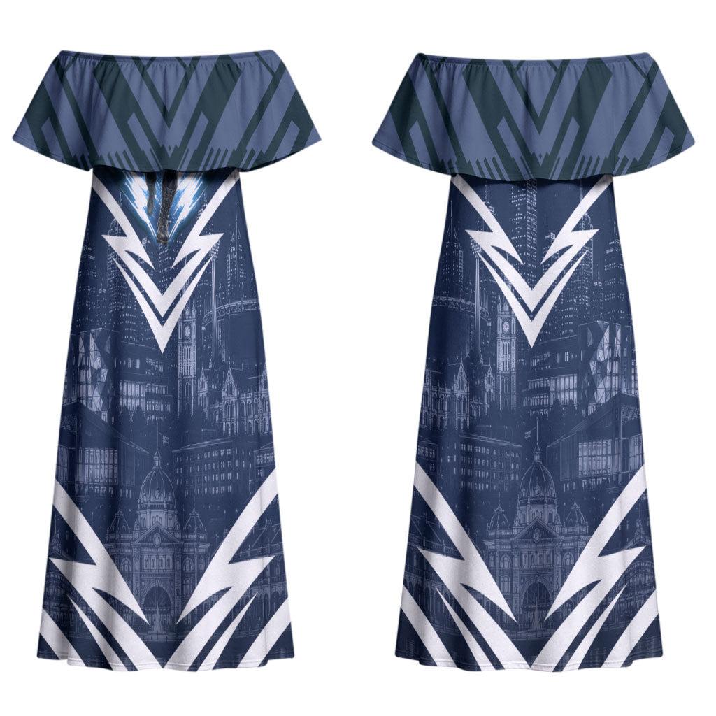 Personalised Carlton Blues Football Couples Matching Off Shoulder Maxi Dress and Long Sleeve Button Shirt Superhero Comic Art Dark Geometric City