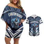 Personalised Carlton Blues Football Couples Matching Off Shoulder Short Dress and Hawaiian Shirt Superhero Comic Art Dark Geometric City