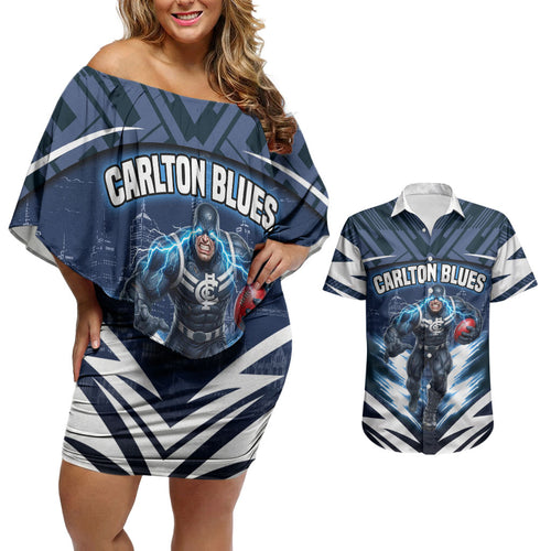 Personalised Carlton Blues Football Couples Matching Off Shoulder Short Dress and Hawaiian Shirt Superhero Comic Art Dark Geometric City