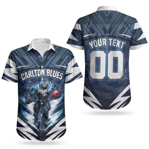 Personalised Carlton Blues Football Couples Matching Off Shoulder Short Dress and Hawaiian Shirt Superhero Comic Art Dark Geometric City
