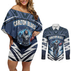 Personalised Carlton Blues Football Couples Matching Off Shoulder Short Dress and Long Sleeve Button Shirt Superhero Comic Art Dark Geometric City