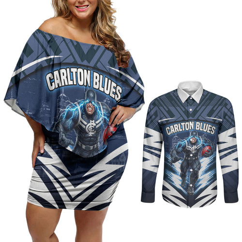 Personalised Carlton Blues Football Couples Matching Off Shoulder Short Dress and Long Sleeve Button Shirt Superhero Comic Art Dark Geometric City