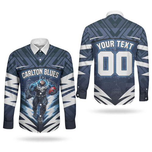 Personalised Carlton Blues Football Couples Matching Off Shoulder Short Dress and Long Sleeve Button Shirt Superhero Comic Art Dark Geometric City