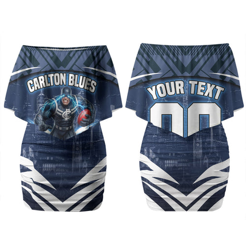 Personalised Carlton Blues Football Couples Matching Off Shoulder Short Dress and Long Sleeve Button Shirt Superhero Comic Art Dark Geometric City