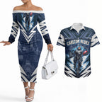 Personalised Carlton Blues Football Couples Matching Off The Shoulder Long Sleeve Dress and Hawaiian Shirt Superhero Comic Art Dark Geometric City