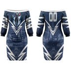 Personalised Carlton Blues Football Couples Matching Off The Shoulder Long Sleeve Dress and Hawaiian Shirt Superhero Comic Art Dark Geometric City