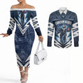 Personalised Carlton Blues Football Couples Matching Off The Shoulder Long Sleeve Dress and Long Sleeve Button Shirt Superhero Comic Art Dark Geometric City
