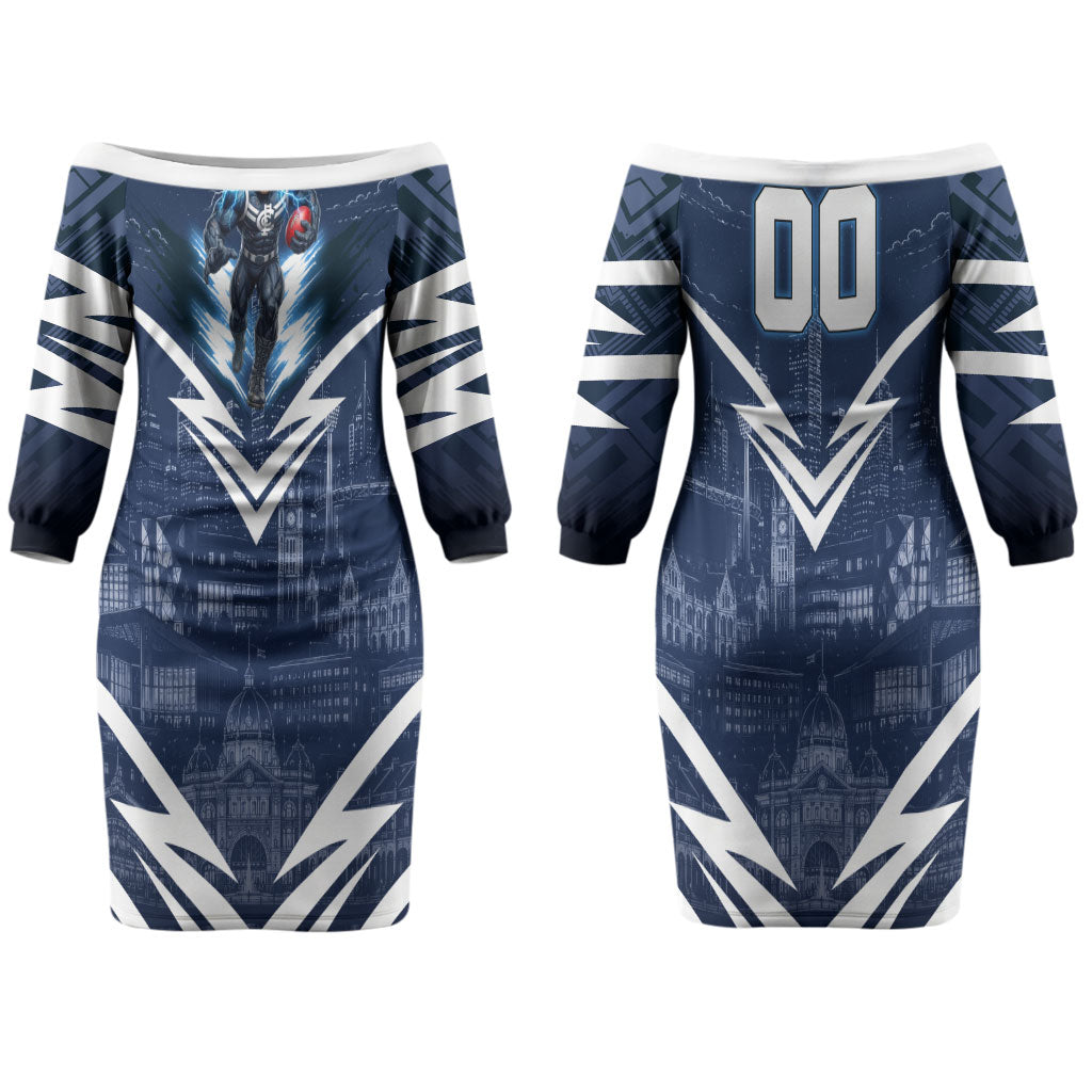 Personalised Carlton Blues Football Couples Matching Off The Shoulder Long Sleeve Dress and Long Sleeve Button Shirt Superhero Comic Art Dark Geometric City
