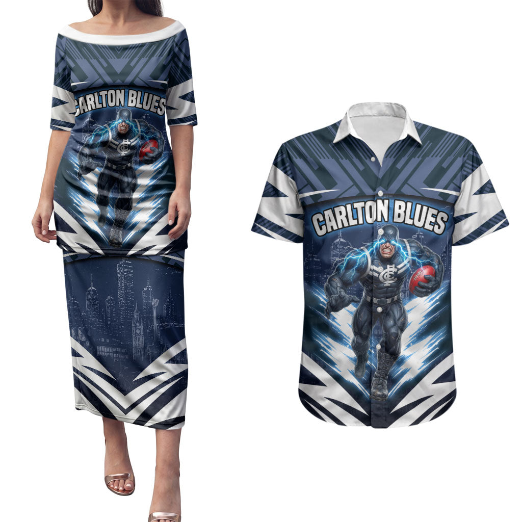 Personalised Carlton Blues Football Couples Matching Puletasi and Hawaiian Shirt Superhero Comic Art Dark Geometric City