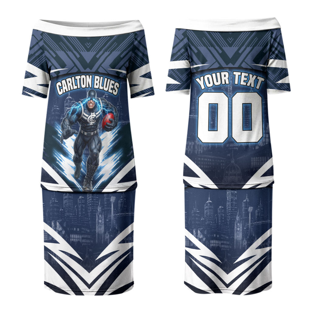 Personalised Carlton Blues Football Couples Matching Puletasi and Hawaiian Shirt Superhero Comic Art Dark Geometric City