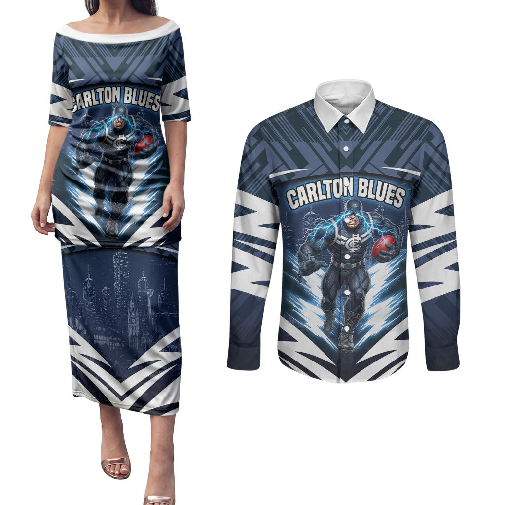 Personalised Carlton Blues Football Couples Matching Puletasi and Long Sleeve Button Shirt Superhero Comic Art Dark Geometric City