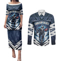 Personalised Carlton Blues Football Couples Matching Puletasi and Long Sleeve Button Shirt Superhero Comic Art Dark Geometric City