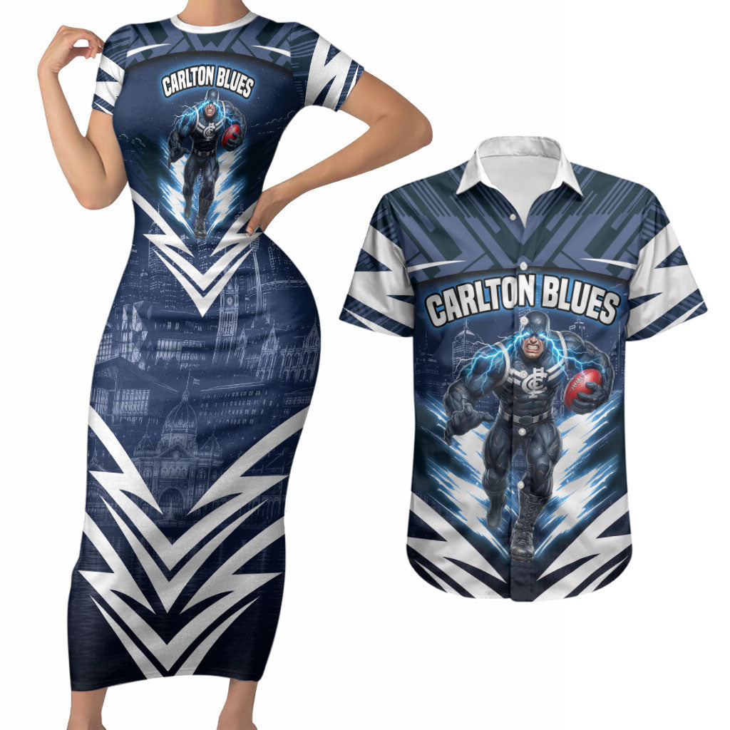 Personalised Carlton Blues Football Couples Matching Short Sleeve Bodycon Dress and Hawaiian Shirt Superhero Comic Art Dark Geometric City