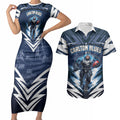 Personalised Carlton Blues Football Couples Matching Short Sleeve Bodycon Dress and Hawaiian Shirt Superhero Comic Art Dark Geometric City