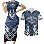 Personalised Carlton Blues Football Couples Matching Short Sleeve Bodycon Dress and Hawaiian Shirt Superhero Comic Art Dark Geometric City