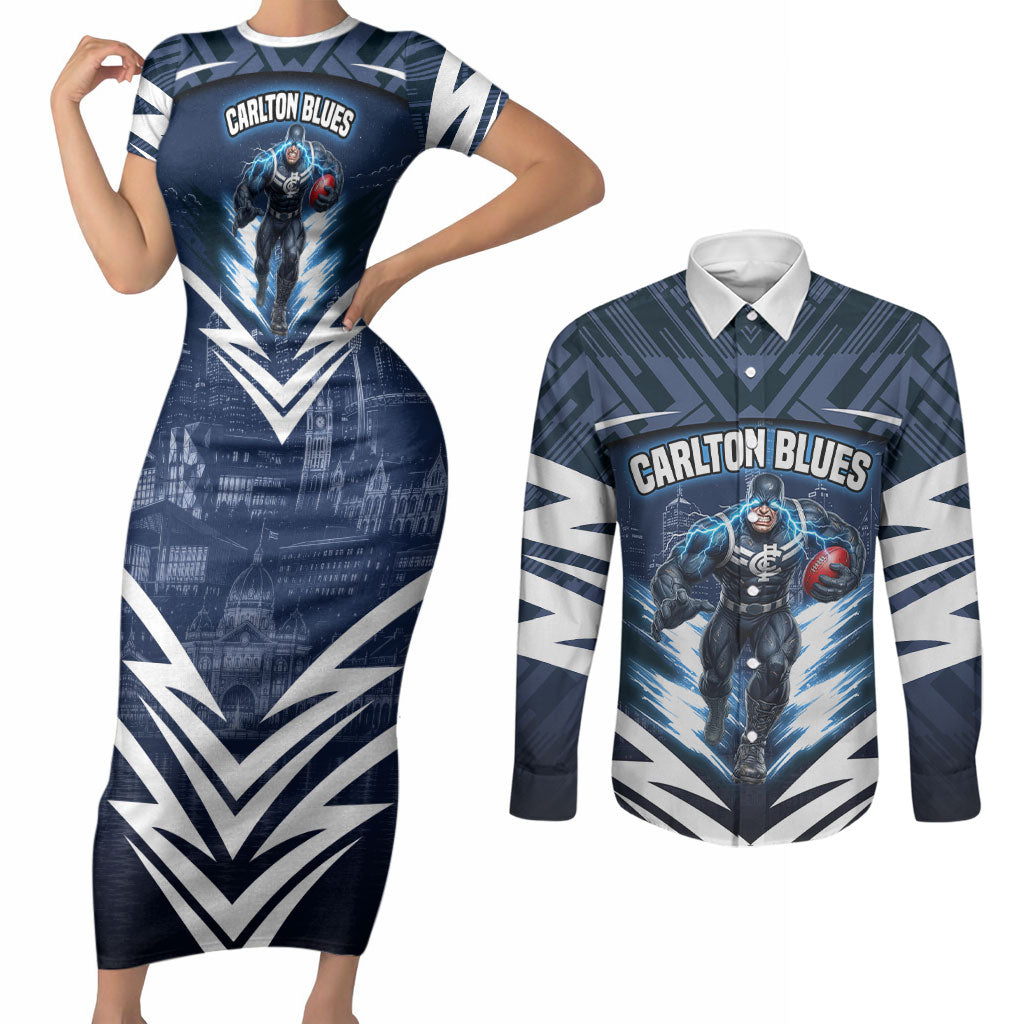 Personalised Carlton Blues Football Couples Matching Short Sleeve Bodycon Dress and Long Sleeve Button Shirt Superhero Comic Art Dark Geometric City