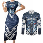 Personalised Carlton Blues Football Couples Matching Short Sleeve Bodycon Dress and Long Sleeve Button Shirt Superhero Comic Art Dark Geometric City