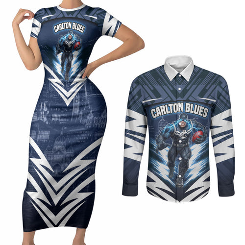 Personalised Carlton Blues Football Couples Matching Short Sleeve Bodycon Dress and Long Sleeve Button Shirt Superhero Comic Art Dark Geometric City