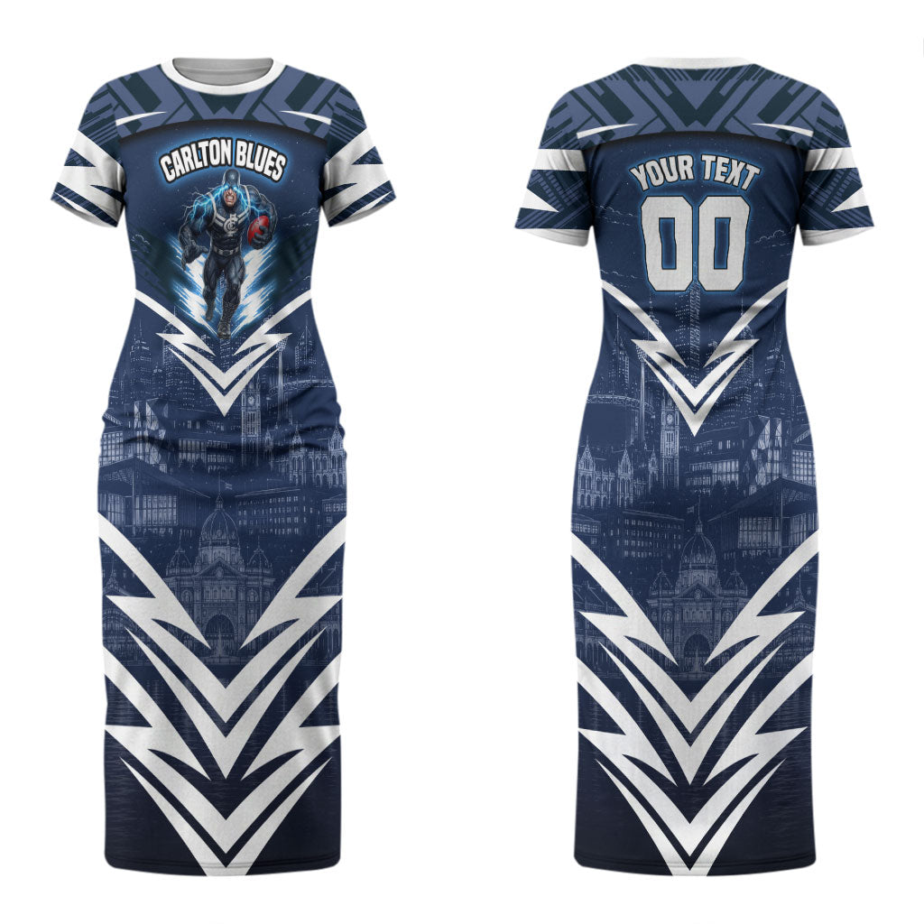 Personalised Carlton Blues Football Couples Matching Short Sleeve Bodycon Dress and Long Sleeve Button Shirt Superhero Comic Art Dark Geometric City