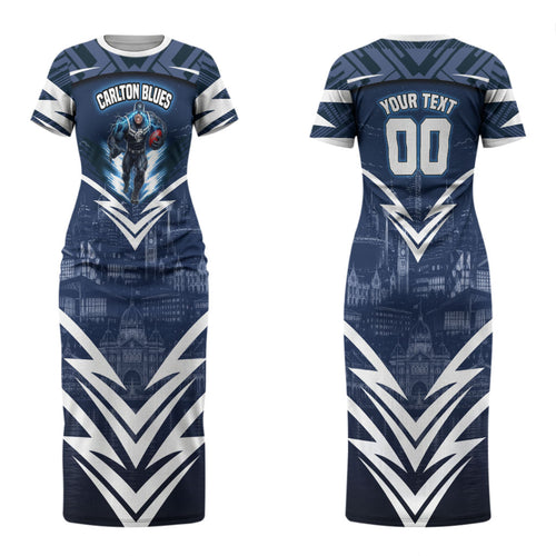 Personalised Carlton Blues Football Couples Matching Short Sleeve Bodycon Dress and Long Sleeve Button Shirt Superhero Comic Art Dark Geometric City