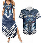 Personalised Carlton Blues Football Couples Matching Summer Maxi Dress and Hawaiian Shirt Superhero Comic Art Dark Geometric City