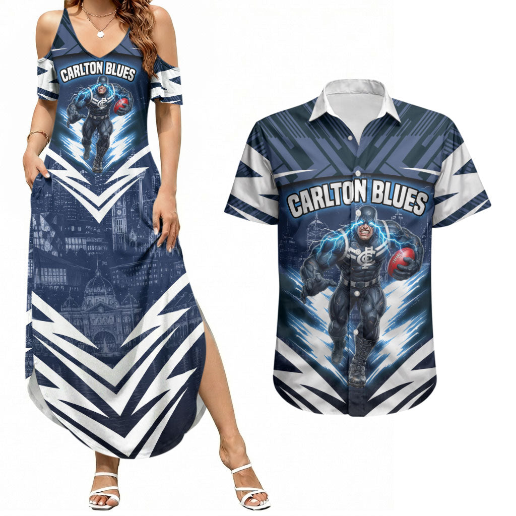 Personalised Carlton Blues Football Couples Matching Summer Maxi Dress and Hawaiian Shirt Superhero Comic Art Dark Geometric City