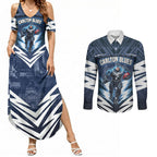 Personalised Carlton Blues Football Couples Matching Summer Maxi Dress and Long Sleeve Button Shirt Superhero Comic Art Dark Geometric City