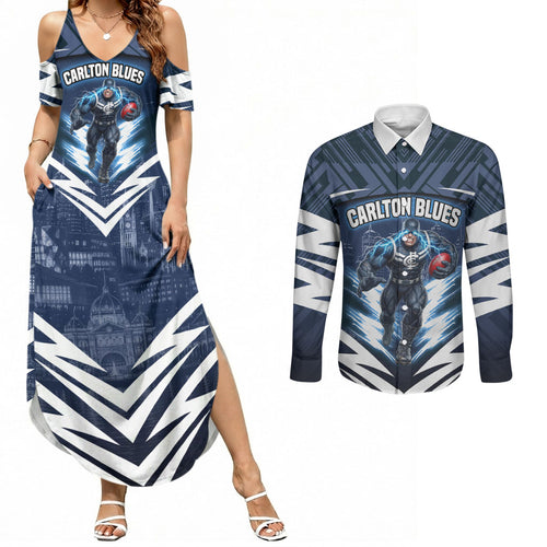 Personalised Carlton Blues Football Couples Matching Summer Maxi Dress and Long Sleeve Button Shirt Superhero Comic Art Dark Geometric City