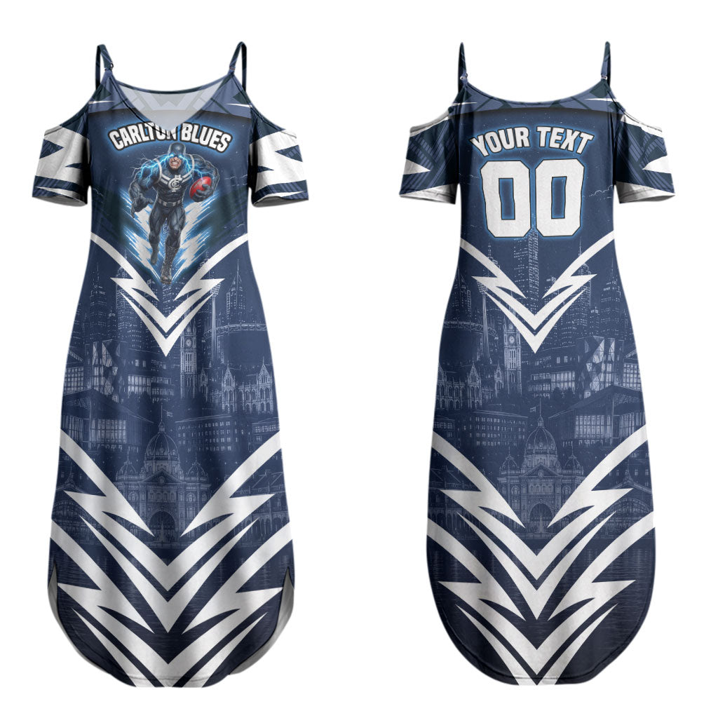 Personalised Carlton Blues Football Couples Matching Summer Maxi Dress and Long Sleeve Button Shirt Superhero Comic Art Dark Geometric City