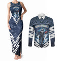 Personalised Carlton Blues Football Couples Matching Tank Maxi Dress and Long Sleeve Button Shirt Superhero Comic Art Dark Geometric City