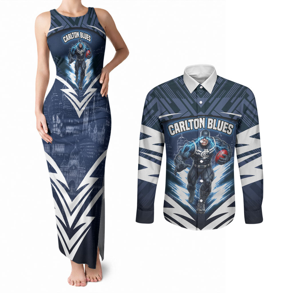 Personalised Carlton Blues Football Couples Matching Tank Maxi Dress and Long Sleeve Button Shirt Superhero Comic Art Dark Geometric City