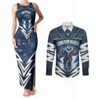 Personalised Carlton Blues Football Couples Matching Tank Maxi Dress and Long Sleeve Button Shirt Superhero Comic Art Dark Geometric City