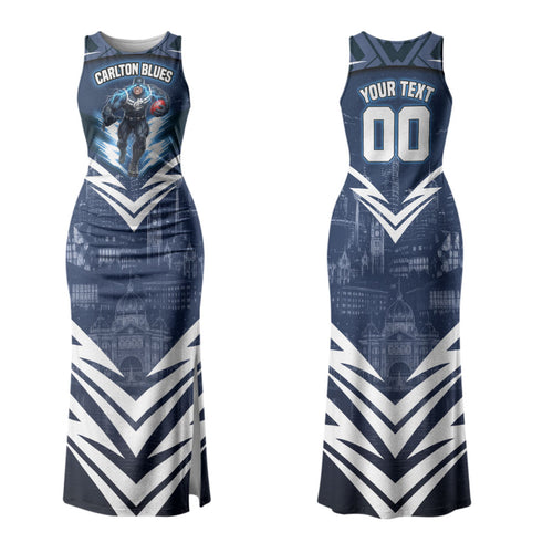 Personalised Carlton Blues Football Couples Matching Tank Maxi Dress and Long Sleeve Button Shirt Superhero Comic Art Dark Geometric City